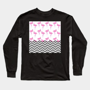 Pink Flamingos Pattern with Chevron Stripes Long Sleeve T-Shirt